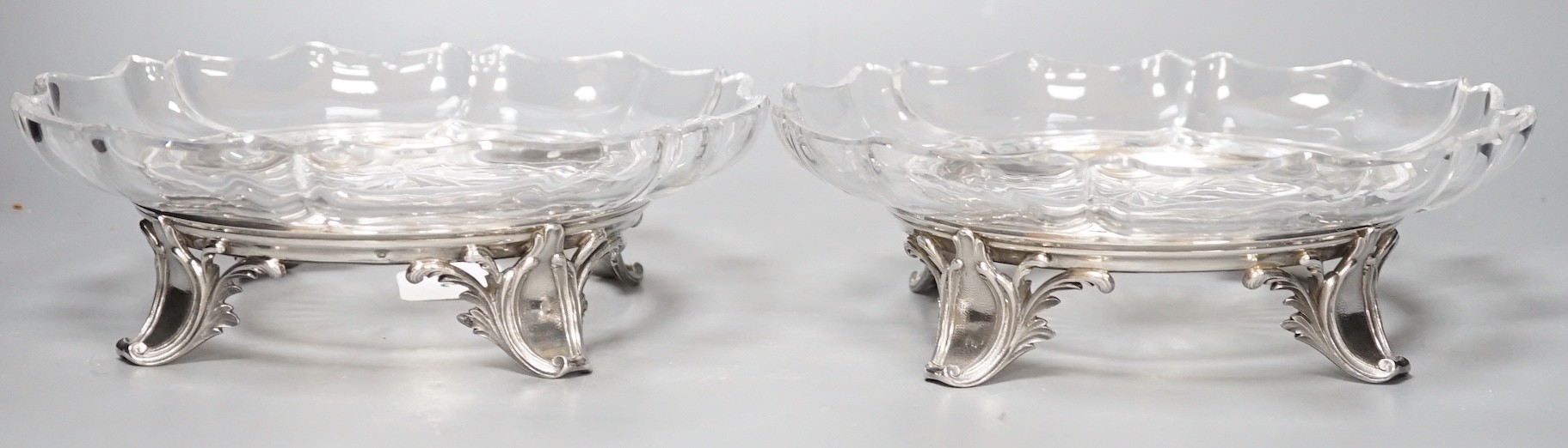 A pair of early 20th century French 950 standard white metal stands and glass dessert dishes, by Risler, dish diameter 16.8cm, metal weight 23oz.